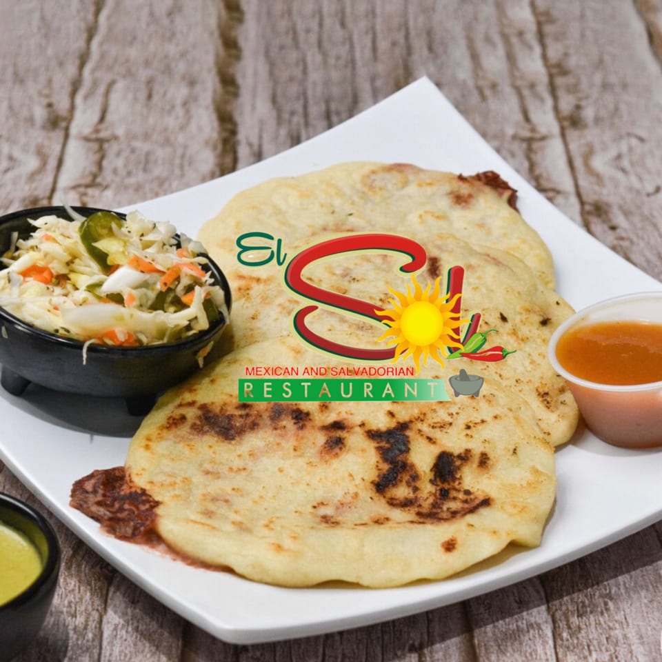 Pupusas with curtido and salsa on a white plate, with the El Sol Restaurant logo.